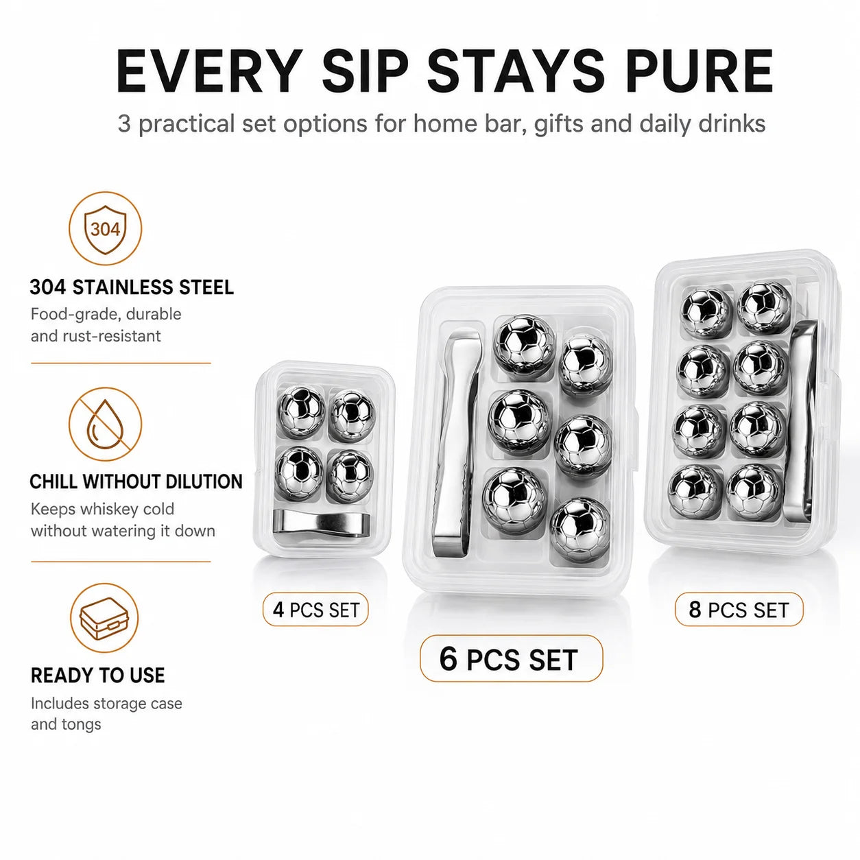 Soccer Whiskey Stones Stainless Steel Ice Cubes Reusable Metal Chilling Balls with Tongs Cool Gifts for Men Bar Accessories