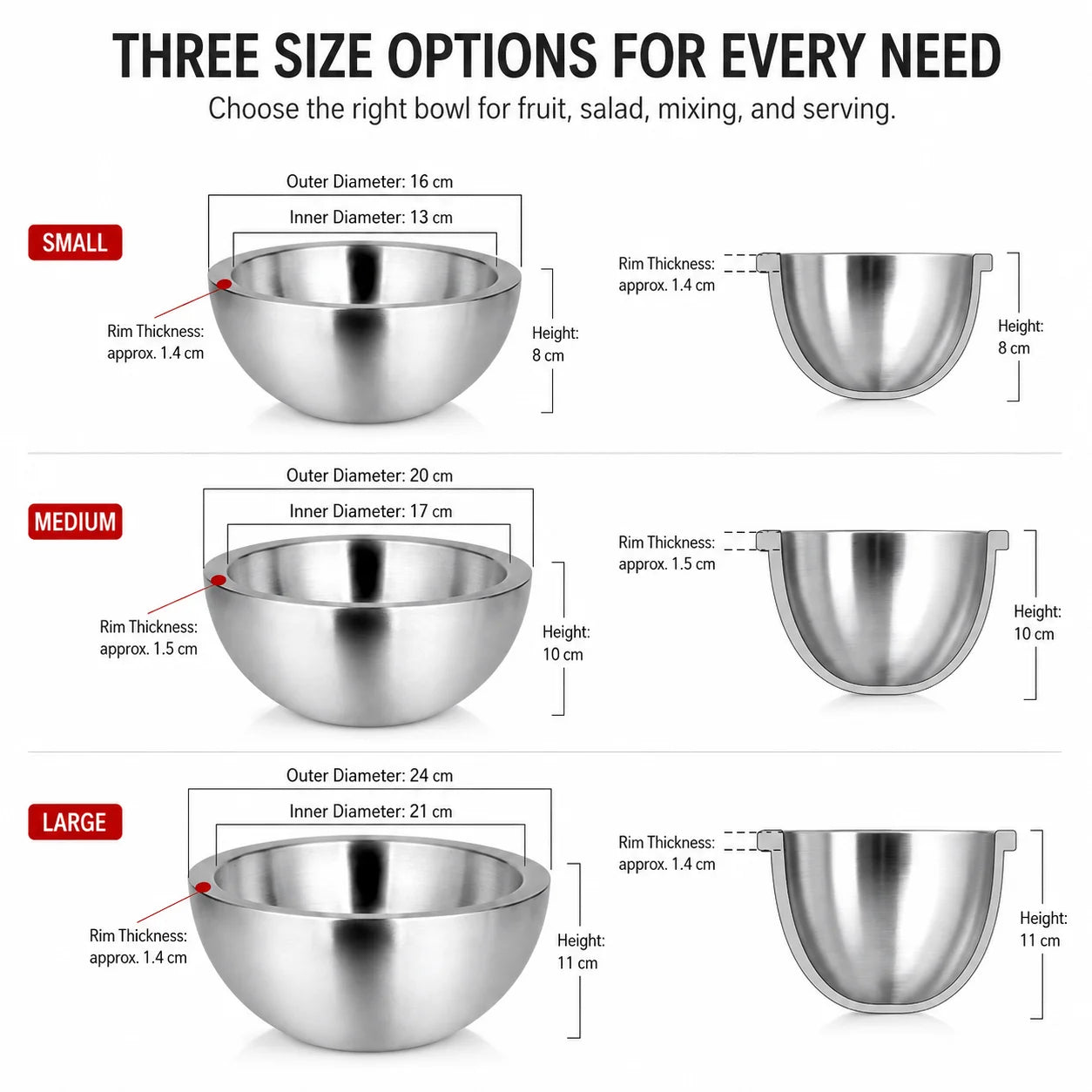 Elevate Your Dining Experience with Our 16/20/24Cm Double Walled Stainless Steel Dip Chiller Bowl - Perfect for Fruit Salads and Hot Dishes!