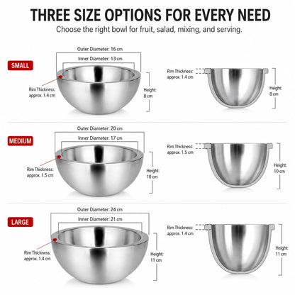 Elevate Your Dining Experience with Our 16/20/24Cm Double Walled Stainless Steel Dip Chiller Bowl - Perfect for Fruit Salads and Hot Dishes!