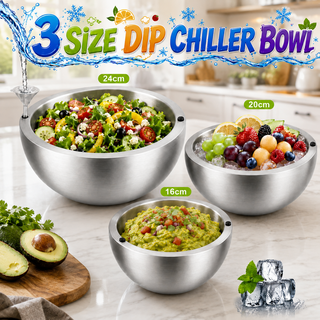 Elevate Your Dining Experience with Our 16/20/24Cm Double Walled Stainless Steel Dip Chiller Bowl - Perfect for Fruit Salads and Hot Dishes!