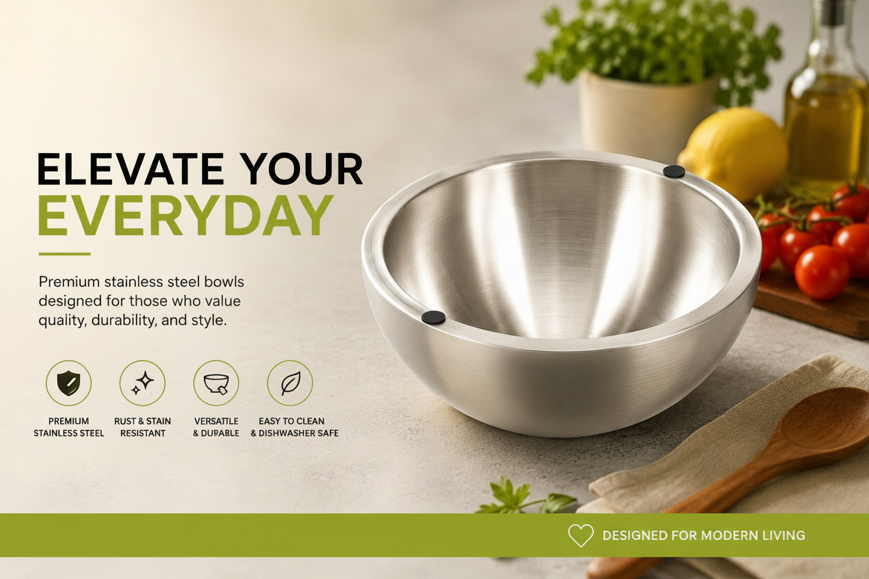 A stainless steel bowl by Glow Basin is featured in a kitchen-themed promotional graphic with text, icons, and props including tomatoes, a lemon, herbs, and a wooden spoon on a countertop.