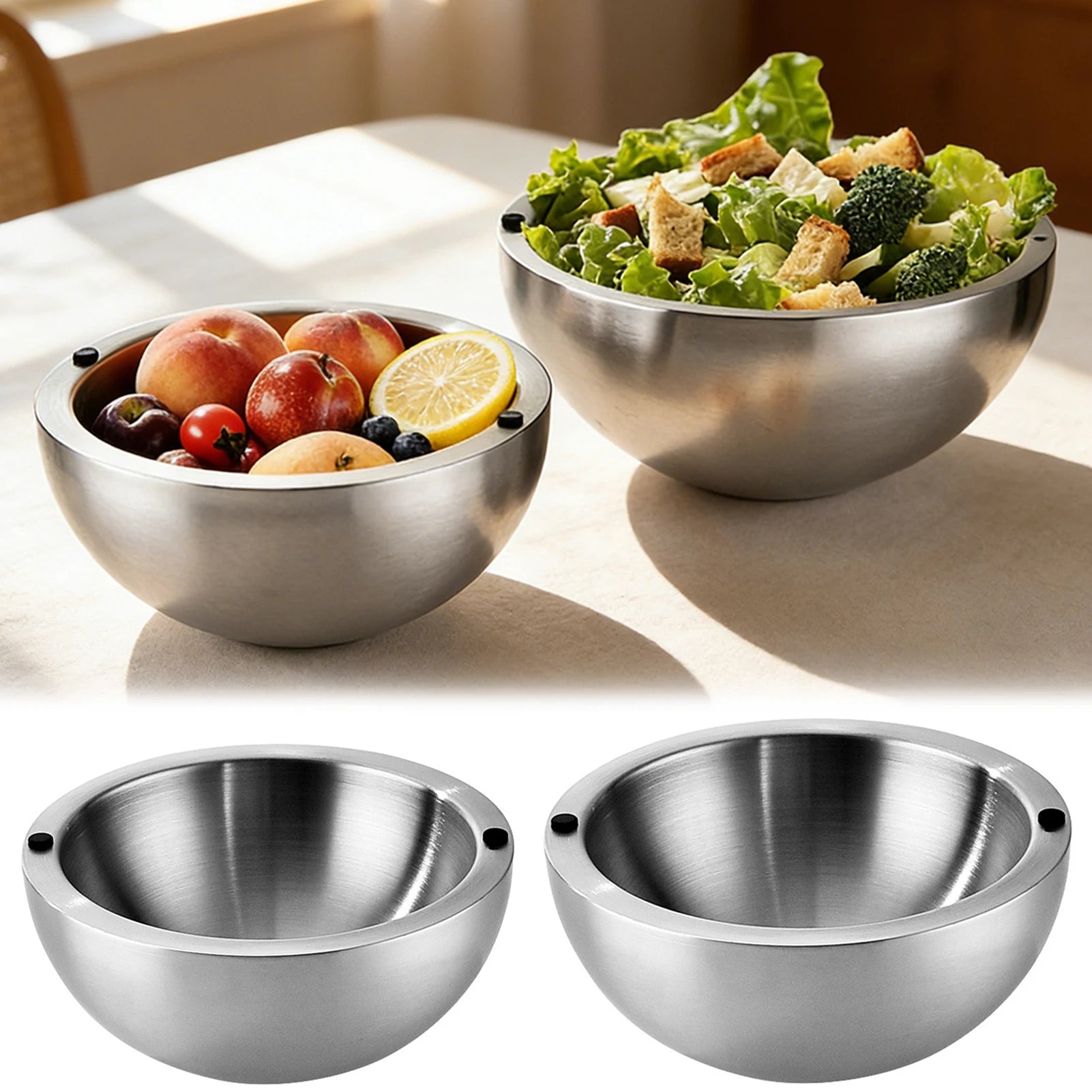 Elevate Your Dining Experience with Our 304 Thickened Stainless Steel Double Wall Insulated Salad Mixing Bowls - Perfect for Hot & Cold Serving!