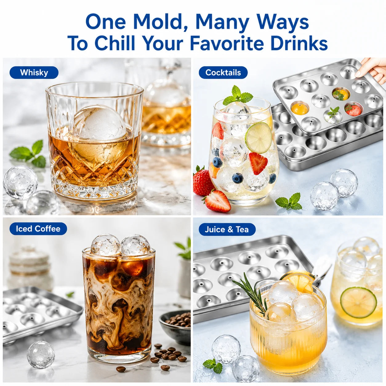 Experience Effortless Elegance with Our 304 Stainless Steel 18-Grid Ice Sphere Maker – Perfect for Whiskey and Cocktails!