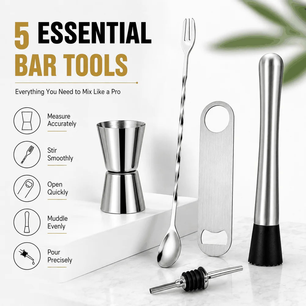 Elevate Your Home Bar with Our 5-Piece Stainless Steel Cocktail Tool Set – Perfect for Mixologists and Entertainers!