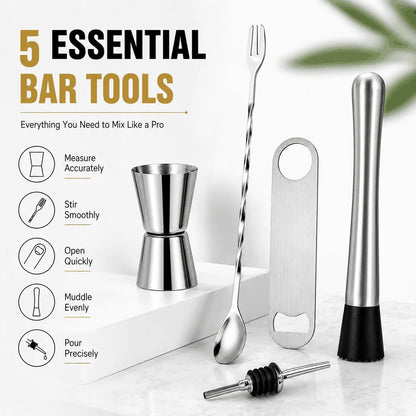 Elevate Your Home Bar with Our 5-Piece Stainless Steel Cocktail Tool Set – Perfect for Mixologists and Entertainers!