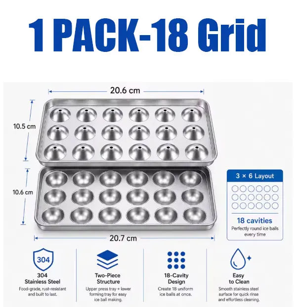 Experience Effortless Elegance with Our 304 Stainless Steel 18-Grid Ice Sphere Maker – Perfect for Whiskey and Cocktails!