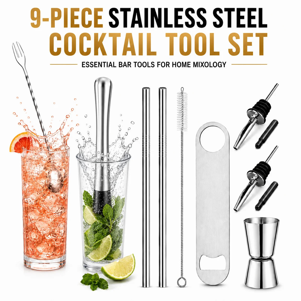 Elevate Your Home Bar with Our 5-Piece Stainless Steel Cocktail Tool Set – Perfect for Mixologists and Entertainers!