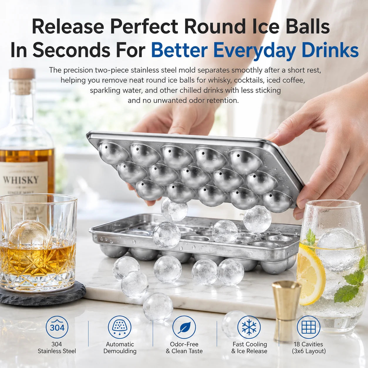 Experience Effortless Elegance with Our 304 Stainless Steel 18-Grid Ice Sphere Maker – Perfect for Whiskey and Cocktails!