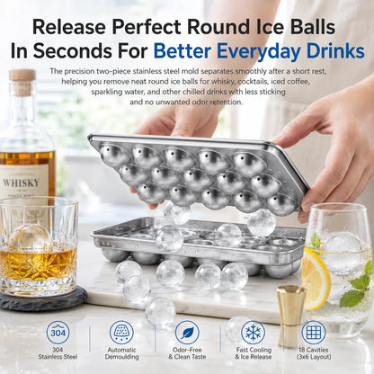 Experience Effortless Elegance with Our 304 Stainless Steel 18-Grid Ice Sphere Maker – Perfect for Whiskey and Cocktails!