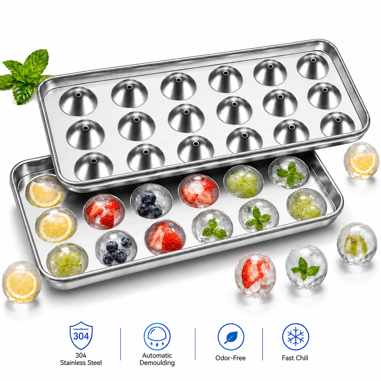 Experience Effortless Elegance with Our 304 Stainless Steel 18-Grid Ice Sphere Maker – Perfect for Whiskey and Cocktails!