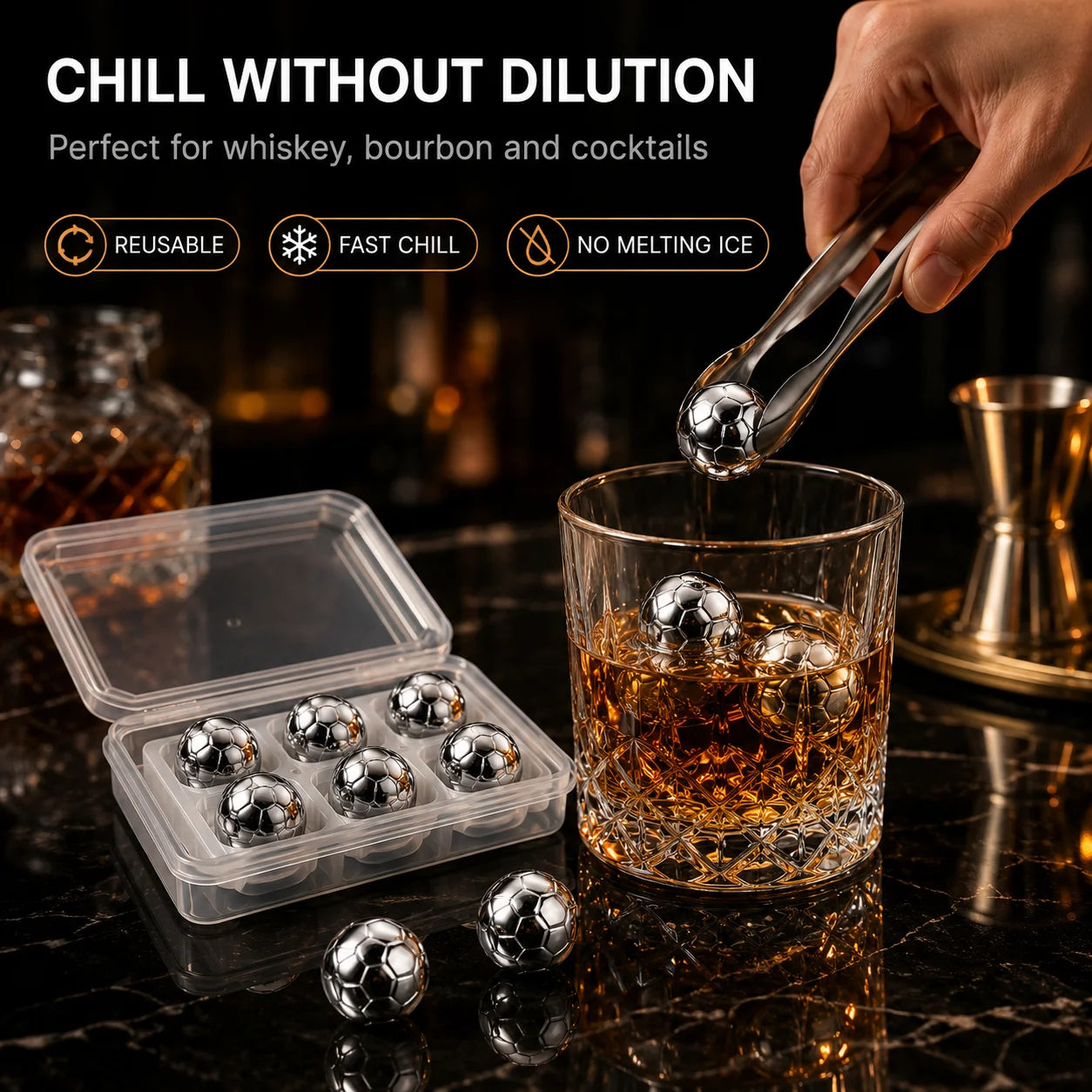 Soccer Whiskey Stones Stainless Steel Ice Cubes Reusable Metal Chilling Balls with Tongs Cool Gifts for Men Bar Accessories