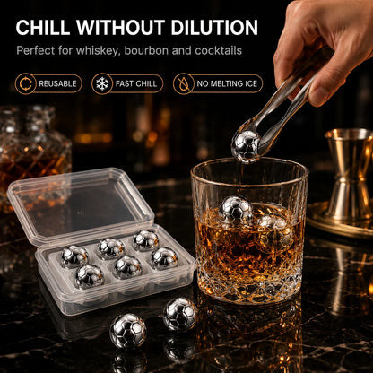 Soccer Whiskey Stones Stainless Steel Ice Cubes Reusable Metal Chilling Balls with Tongs Cool Gifts for Men Bar Accessories