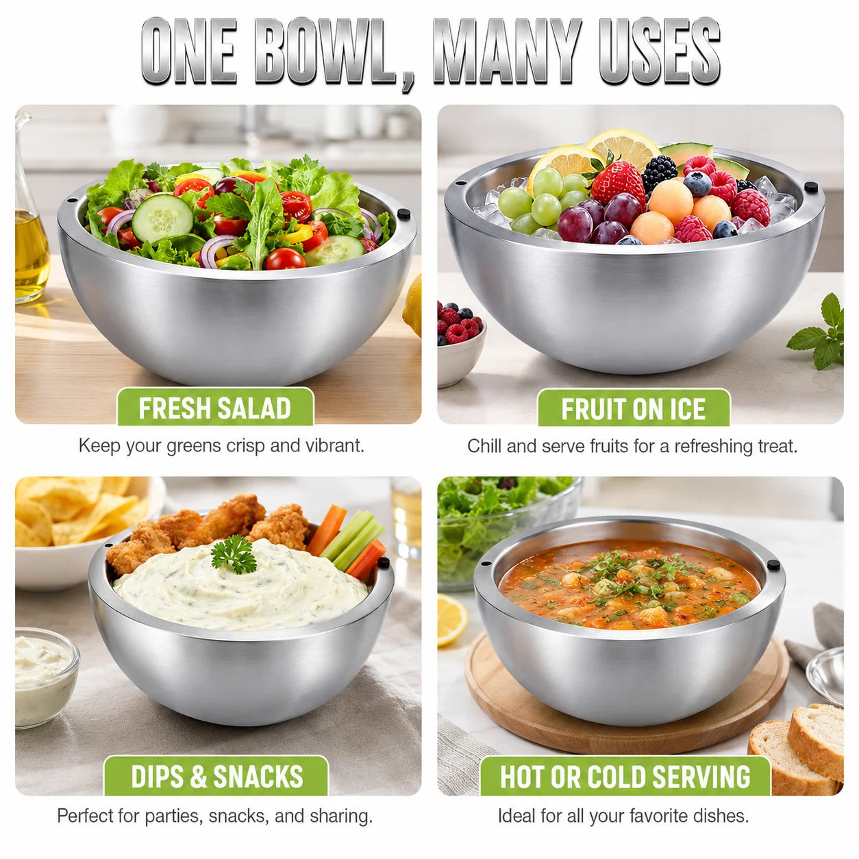 Elevate Your Dining Experience with Our 16/20/24Cm Double Walled Stainless Steel Dip Chiller Bowl - Perfect for Fruit Salads and Hot Dishes!