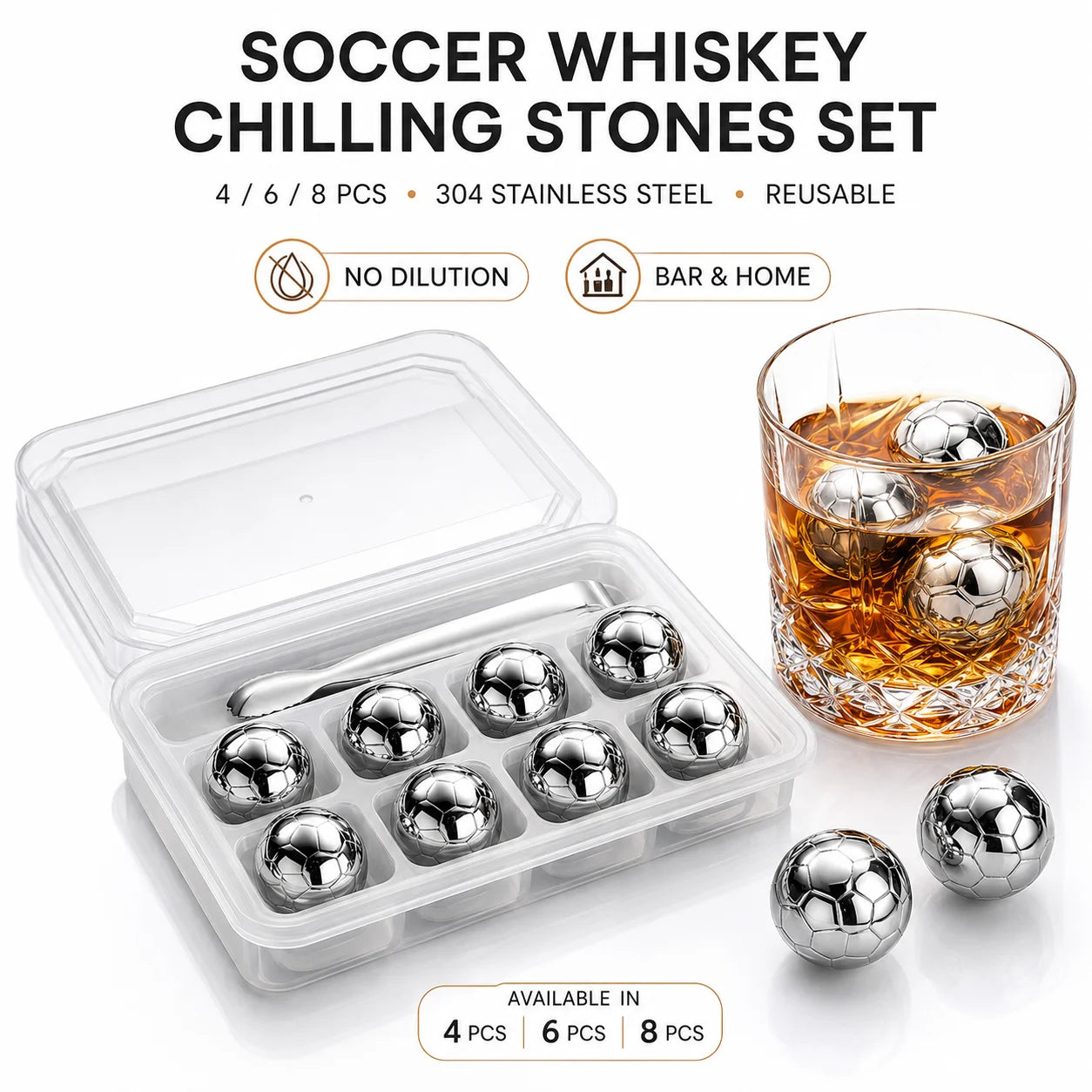 Soccer Whiskey Stones Stainless Steel Ice Cubes Reusable Metal Chilling Balls with Tongs Cool Gifts for Men Bar Accessories